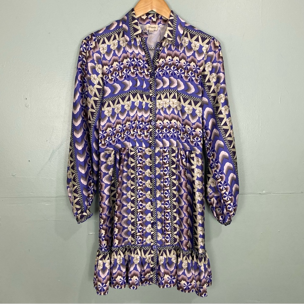 Temperley Purple Button Up Printed Geometric Dress Purple Pleated Ruffle Sz 4